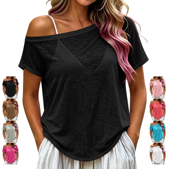 TGSLY Off The Shoulder Tops for Women Breathable Soft Asymmetrical Neck Solid Color Blouses Relaxed Fit Dressy Casual Short Sleeve Summer Shirt XL