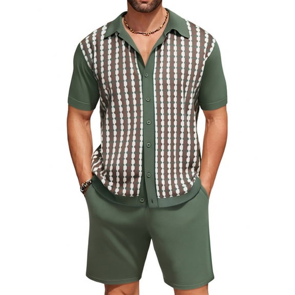 Hinvhai Men's 2 Piece Outfits Summer Short Sets Vintage Knit Button Down Shirt Short Sleeve golf Casual Beach Suits Green XXL(XXL)