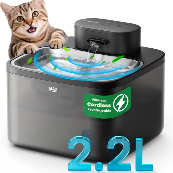 Oneisall CW-04 Wireless Cat Water Fountain Stainless Steel Tray, 2.2L/74oz Low Noise Cat Water Dispenser, Cat Drinking Fountain with 3 Filters- Silver