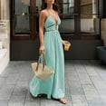 thumbnail image 5 of Women's Beach Dress Striped Halter V-Neck Maxi Sundress Tunic Open Back Vacation Summer Dress Mint Green M, 5 of 8