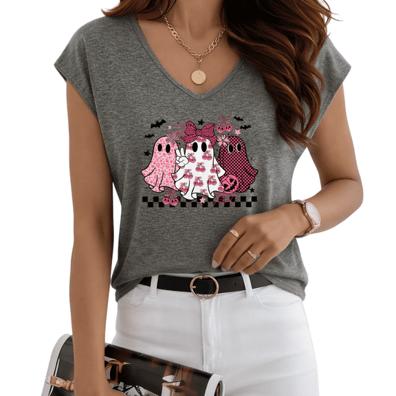 Playful Ghost Print T-Shirt V-Neck Short Sleeve Halloween Women’s Casual Top