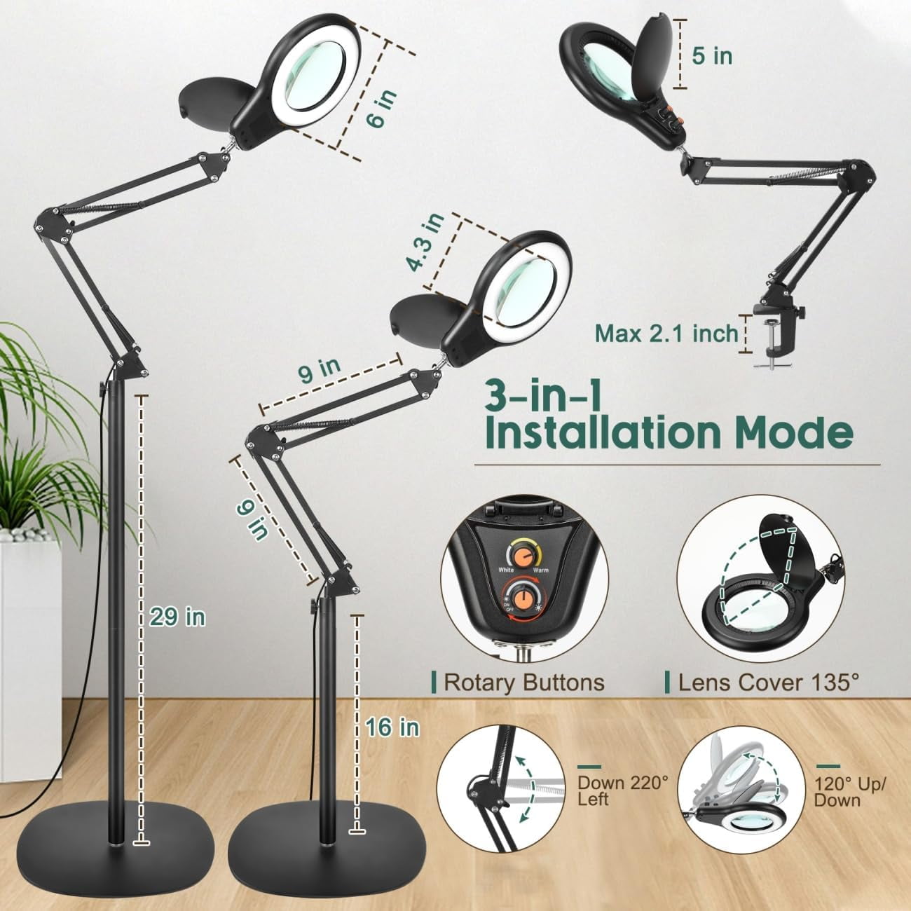 LED Magnifying Glass with Light and Stand, 5 Color Dimmable Switch Knob, 3-in-1 Adjustable Swing Arm Floor Lamp ,Hands-Free Lighted Magnifier for Reading Close Work