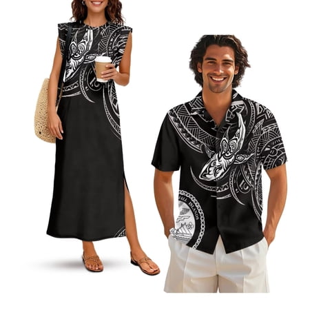 Uorisanigo Black Polynesian Couple Matching Outfit Men's Button Down Shirt Soft Fashion Summer Shirts and Womens Sleeveless Dress with Split Hawaiian Party Sundress Size S