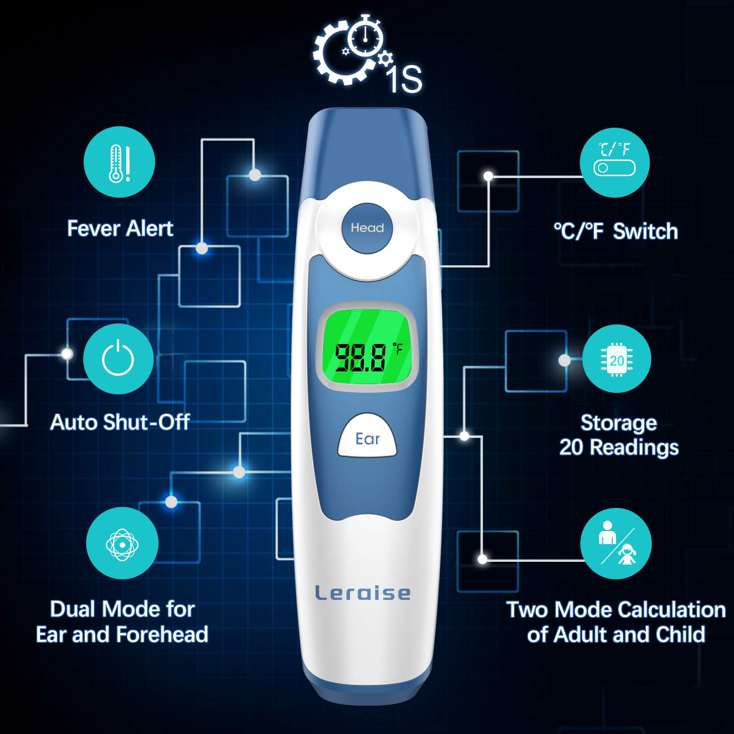 Leraise Forehead and Ear Thermometer, 1-Second Fast Reading photo 2