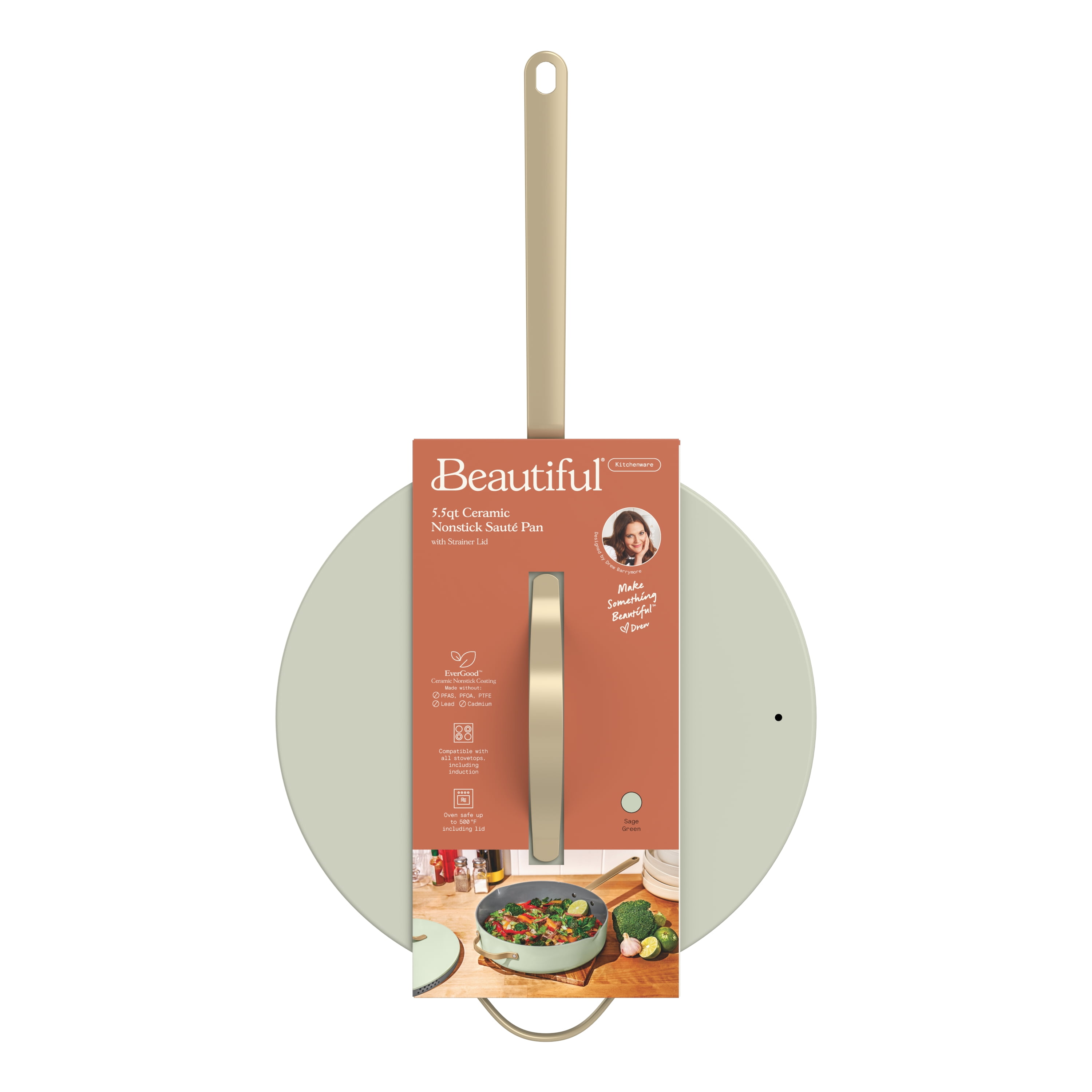Beautiful 5.5 Quart Saute Pan with Strainer Lid and EverGood Nonstick Coating, Sage Green by Drew Barrymore