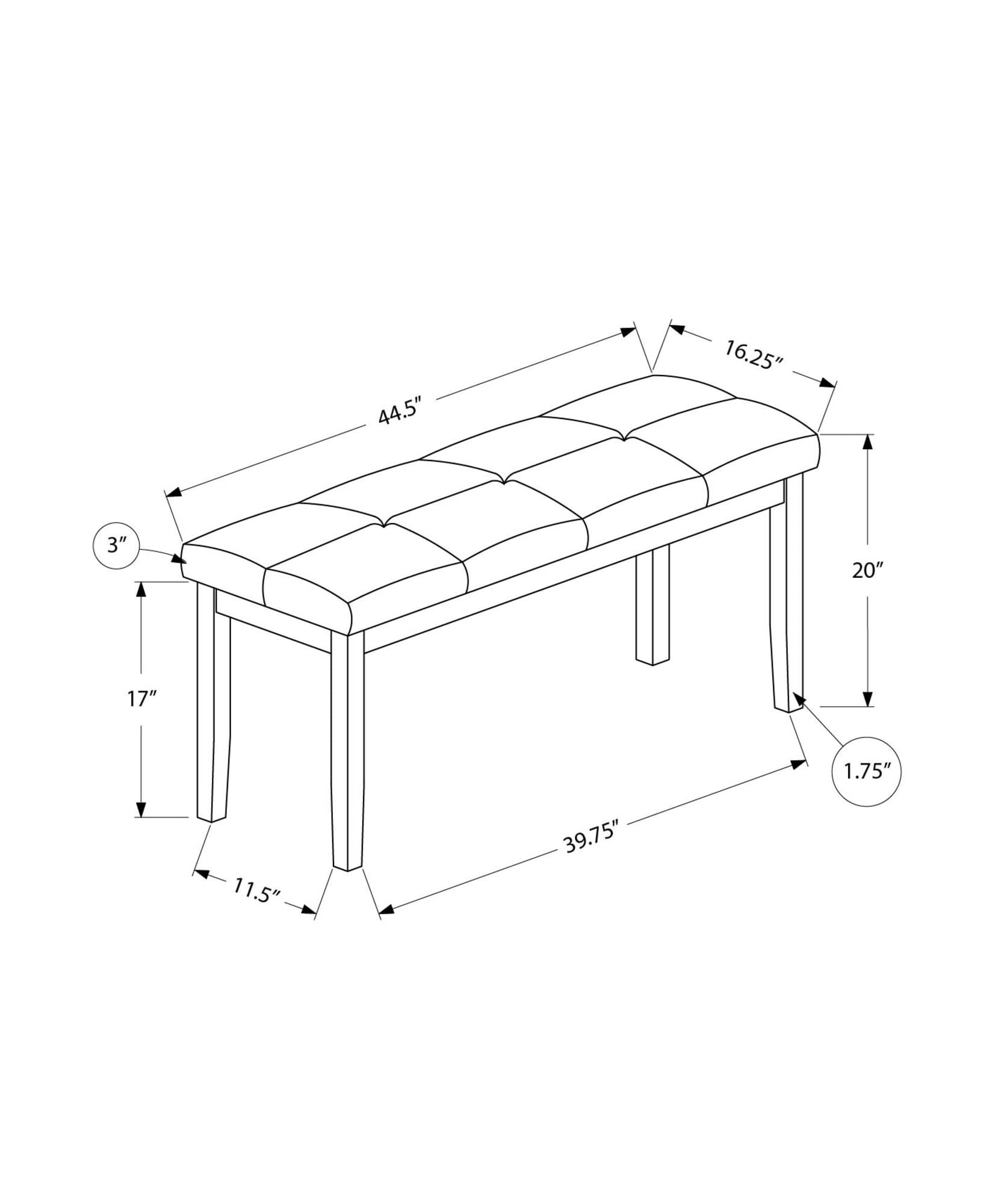 Monarch Specialties - Banc, 44" Rectangulaire, Salle À Manger, Entrée, Cuisine, Couloir, Rembourré, Bois, Tissu Marron, Bois Massif Gris, Transitionnel