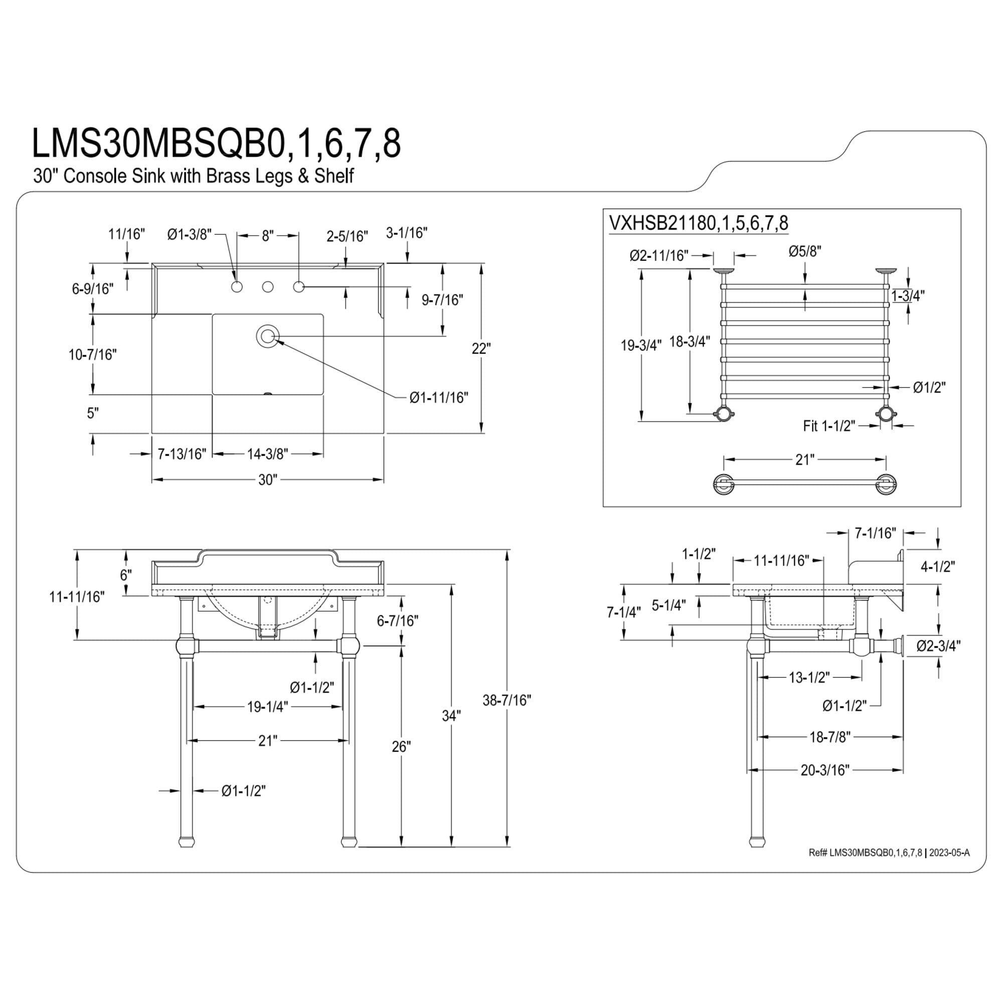 Kingston Brass LMS30MBSQB1 Pemberton 30" Carrara Marble Console Sink with Brass Legs and Shelf (8-Inch, 3-Hole), Carrara Marble White/Polished Chrome