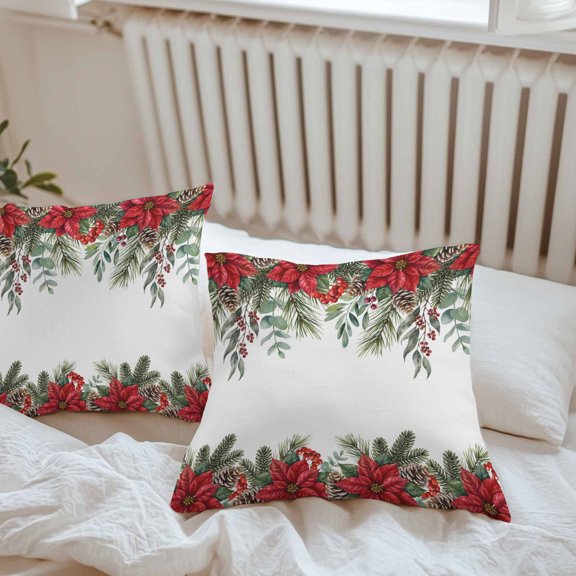 Outdoor Pillow Covers Christmas Poinsettia Holly Berry Waterproof Pillow Cases 16x16 Set of 2, Winter Red Flower Pinecone Throw Pillow Cover Pillowcase for Patio Balcony Couch Garden