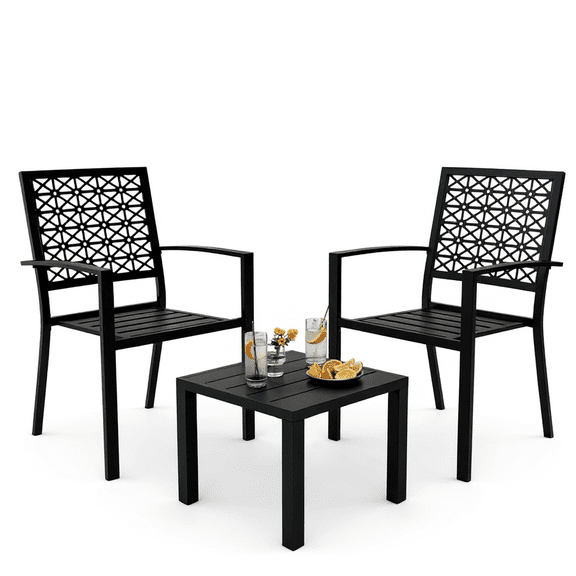 WildBreak 3 Piece Outdoor Patio Bistro Dining Set, 1 Metal Table & 2 Patio Chairs, Black