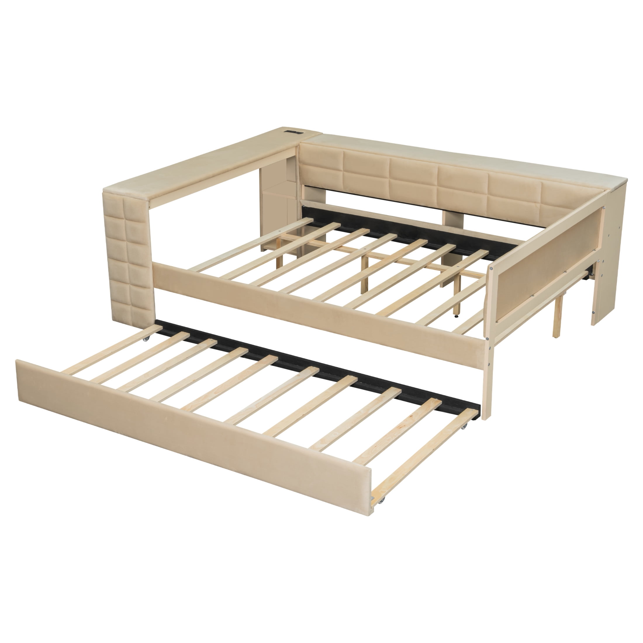 Noble House Sonoma Full Velvet Upholstered Bed with Trundle, Side Desk, Charging Station and Storage Shelves, Beige