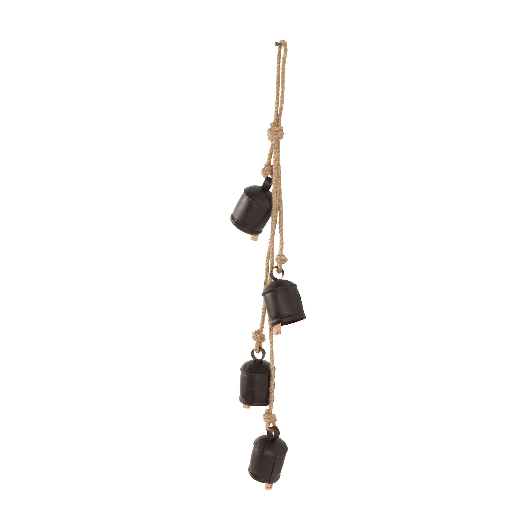 DecMode Tibetan Inspired Cascading Dark Brown Metal Cylindrical Decorative Bells with 4 Bells on Jute Hanging Rope