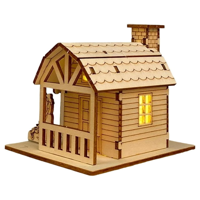ABPWLY Wooden Christmas Village House Craft Set DIY Light-Up Handmade Holiday Activity Family Art Project Paintable Kit Gift Tabletop Festive Decoration Pack of 1 Cabin Kit