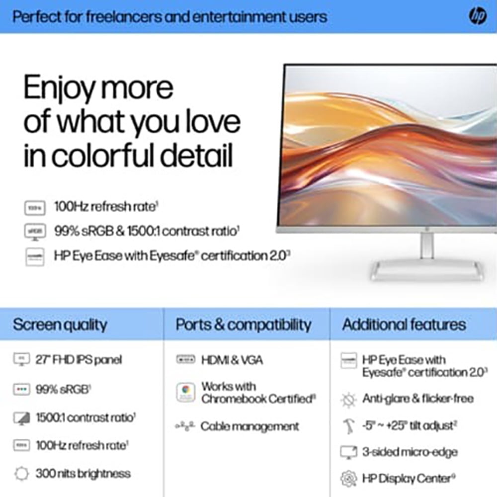 Hewlett Packard 94F44AA 527sf Series 5 27" FHD 100Hz 1500:1 5ms IPS Monitor, Black/Silver (2-Pack)