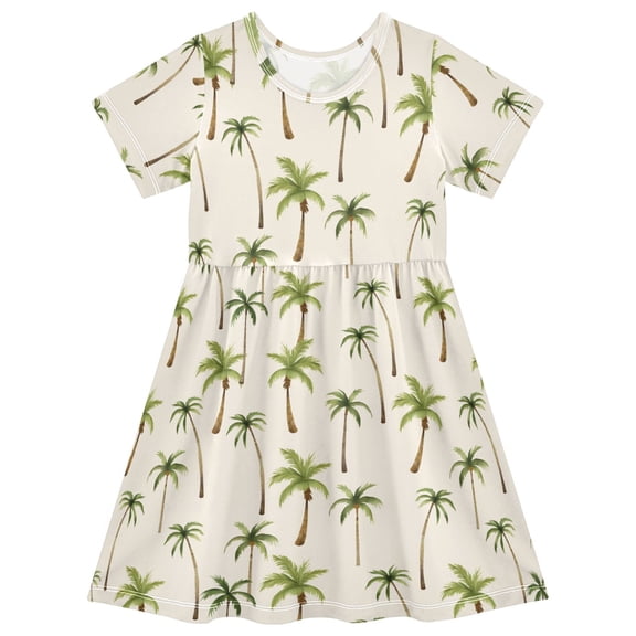 joogoo Hand Drawn Palm Trees Girls' Short Sleeve Dress Kids Dresses 5-6T