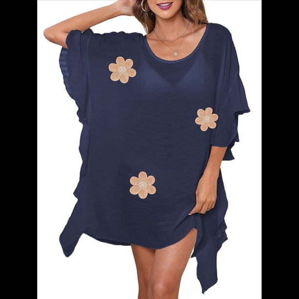 Traje de Baño de Playa Holgado y con Volantes de Color Liso para Mujer Azul Talla Única