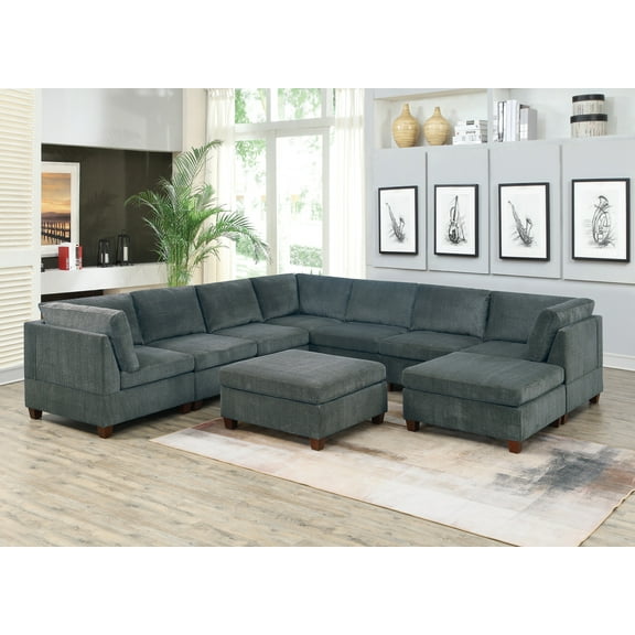 CoSoTower Living Room Furniture Grey Chenille Modular Sectional 9pc Set Large Family U- Sectional Modern Couch 3x Corner Wedge 4x Armless Chairs and 2x Ottoman Plywood