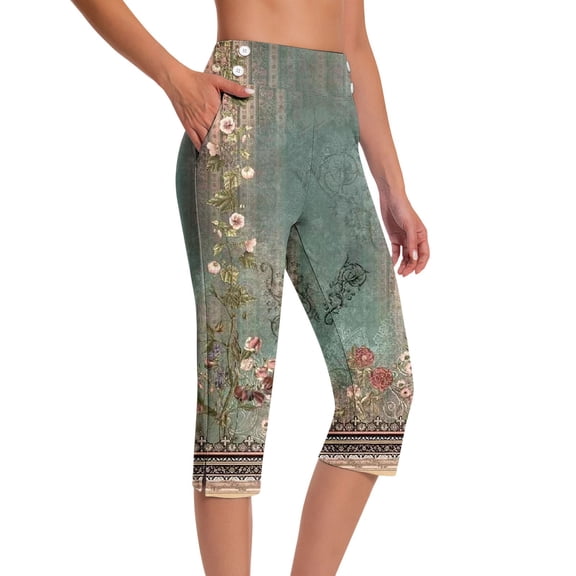 LEKWK Womens Yoga Pants with Pockets Floral Print High Waist Button Decor Capri Leggings Side Slit Summer Exercise Leggings Soft Casual Stretchy Pants