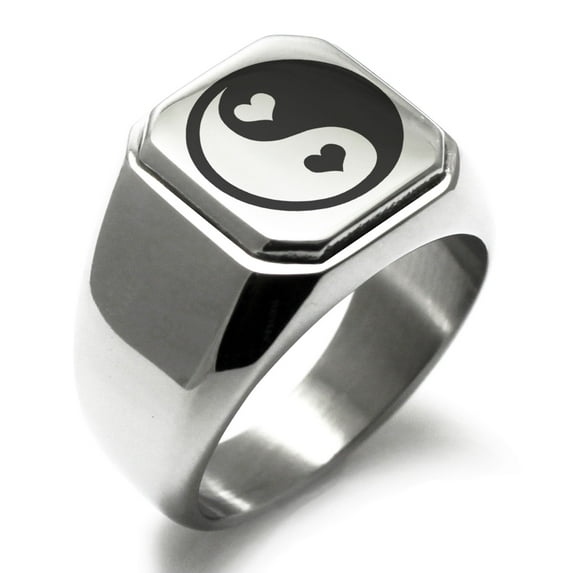 Stainless Steel Love Heart Yin Yang Engraved Square Flat Top Biker Style Polished Signet Ring