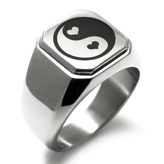 Stainless Steel Love Heart Yin Yang Engraved Square Flat Top Biker Style Polished Signet Ring