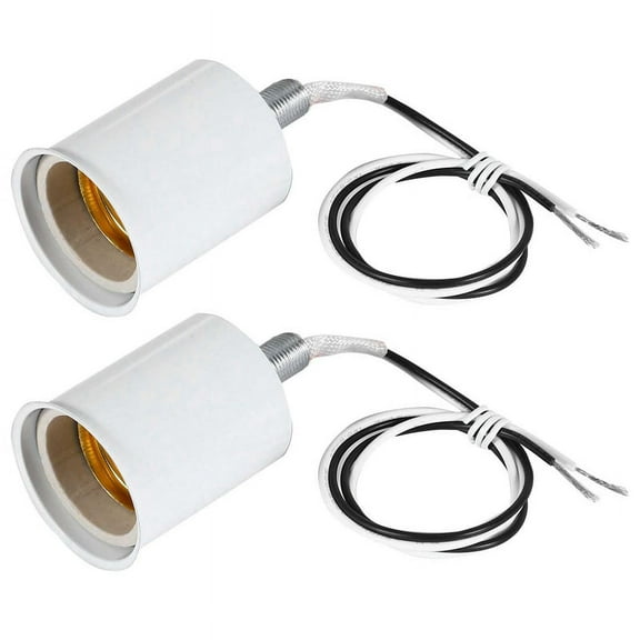 2X E27 Ceramic Screw Base Round LED Light Bulb Lamp Socket Holder Adapter Metal Lamp Holder with Wire White