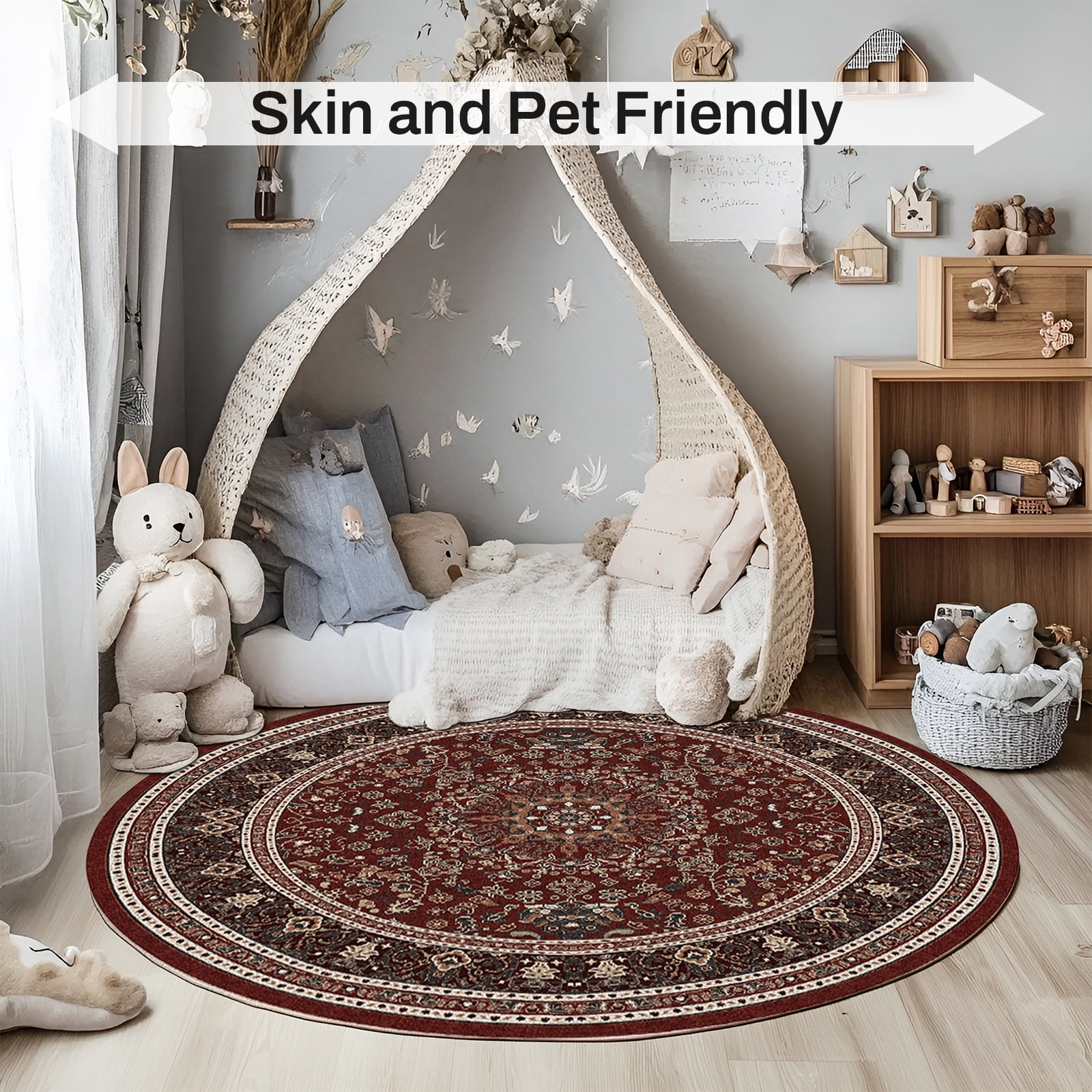 Pentantan Vintage Round Area Rug, 4ft x 4ft Red Retro Style Washable Rug with Anti-Slip Backing for Living Room
