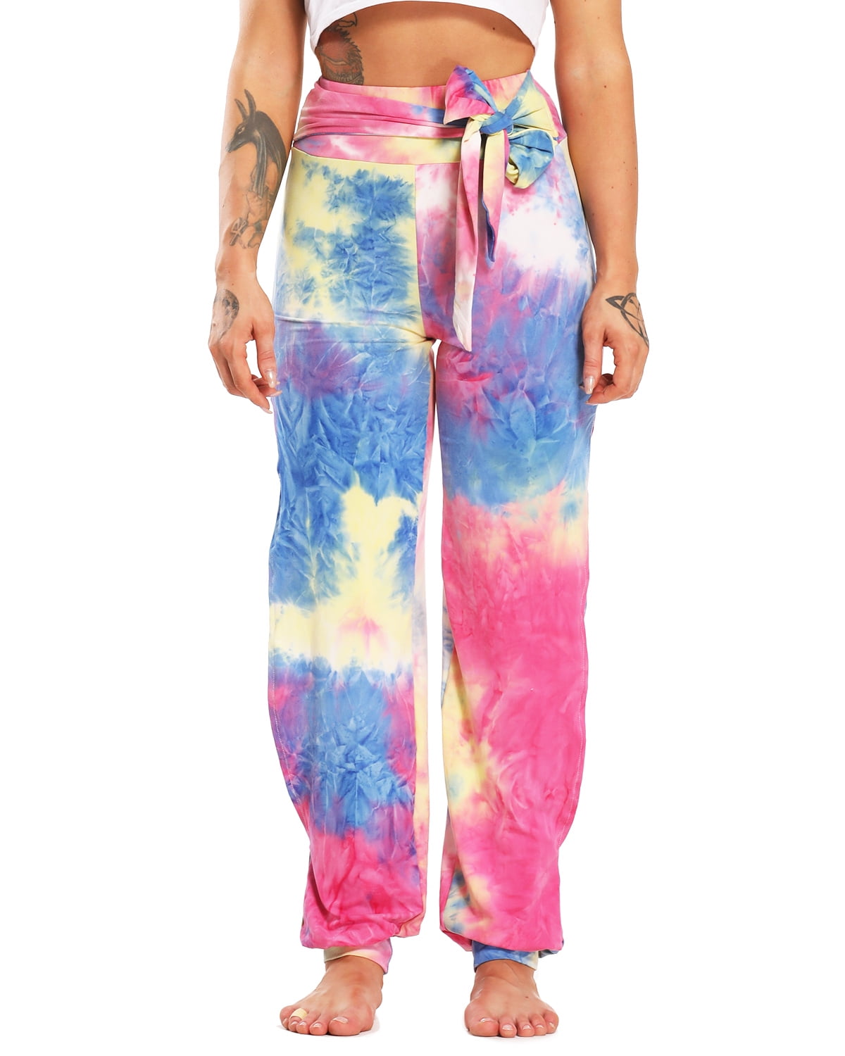 Womens Tie Dyed High Waist Yoga Wide Leg Sweatpants With Side Slits Running Gym 