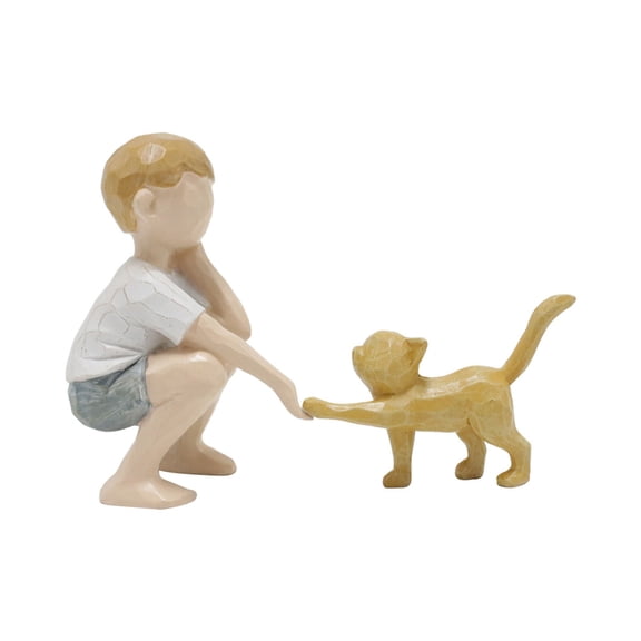 Yooshoverk Wooden Boy & Cat Statue - Hand Carved Bookshelf Decor, Whimsical Study Room Accent, Heartwarming Child Pet Figurine