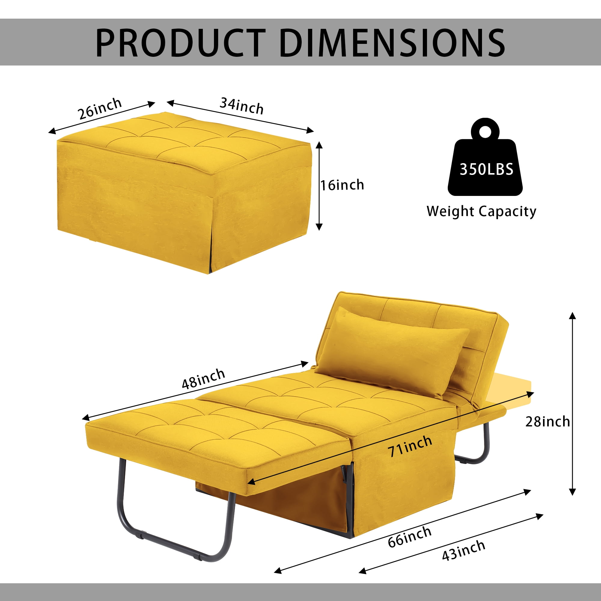 BIGSYY 4-in-1 Multi-Function Folding Ottoman Velvet Couch Bed - Adjustable Backrest for All Ages, Ideal for Living Room, Apartment & Office, Yellow