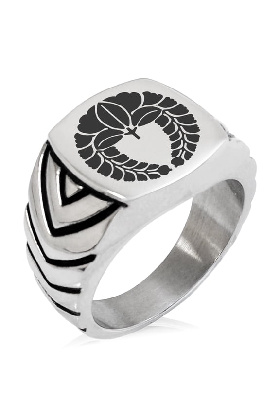 Stainless Steel Naito Samurai Crest Chevron Pattern Biker Style Polished Ring