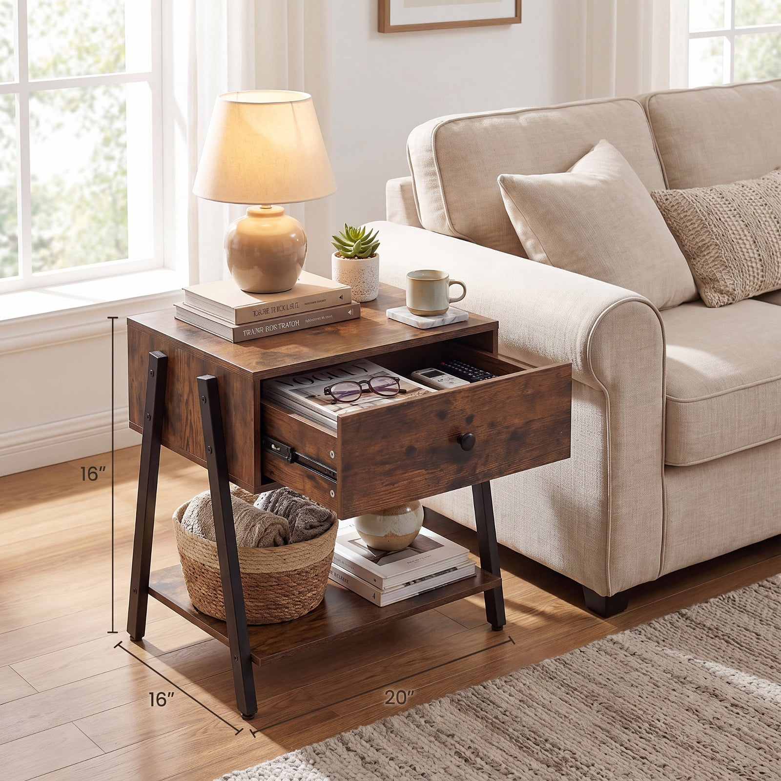 Furnibear Set of 2 Industrial Nightstand with Adjustable Foot Pads for Bedroom for Bedroom Living Room Bedside Sofa Side Small Space, Rustic Brown
