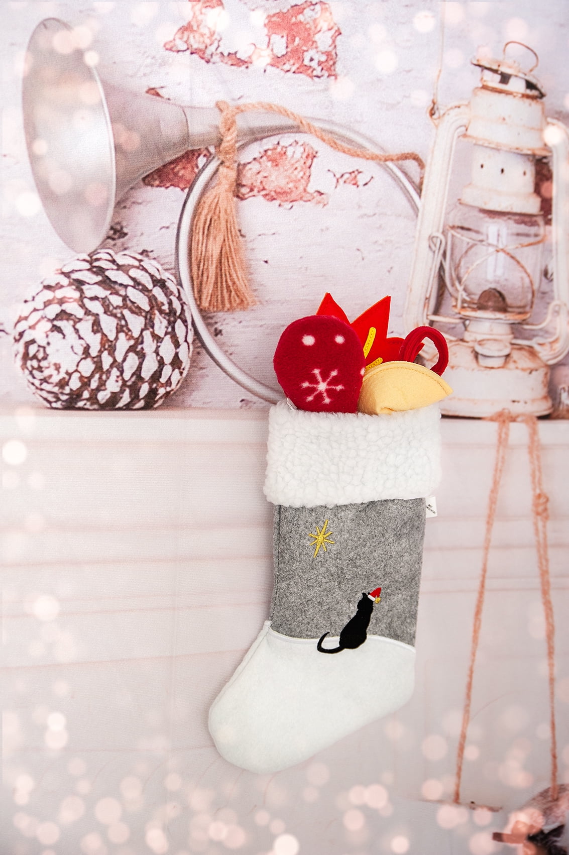 Christmas Stocking for Cats with 3 Holiday Toys, Including Fortune Cookie (with message from Santa), Fleece Fish (wishing "Meowy Christmas"), and Crinkly Fall Leaf