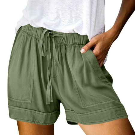 Prdecexlu Women s Linen Shorts Plus Size Elastic High Waist Running Wide Leg Summer Beach Shorts Casual Drawstring Baggy Solid Color Athletic Shorts with Pockets Army Green M