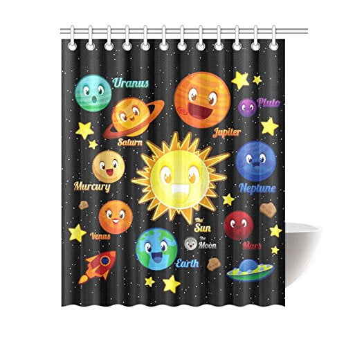 Cortina de ducha ABPHQTO Divertidos niños Educación Decoración para el hogar Planeta Elementos de personajes Tela de poliéster 150x180 cm