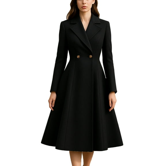 JUSLIO Winter Coats for Women Double Breasted Buttoned A-Line Pleated Wool Coat Black L