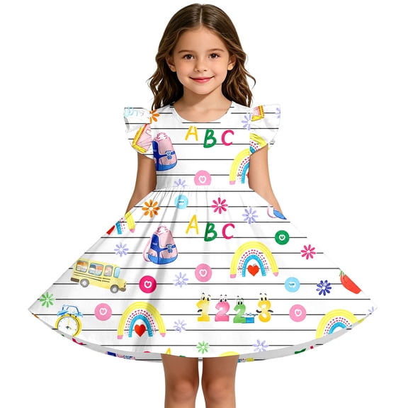 FUZHIQ Toddler Girls Back to School Print Dresses Ruffle Sleeve A-Line Flared Dress for School Daily Outfits,10-12 Years