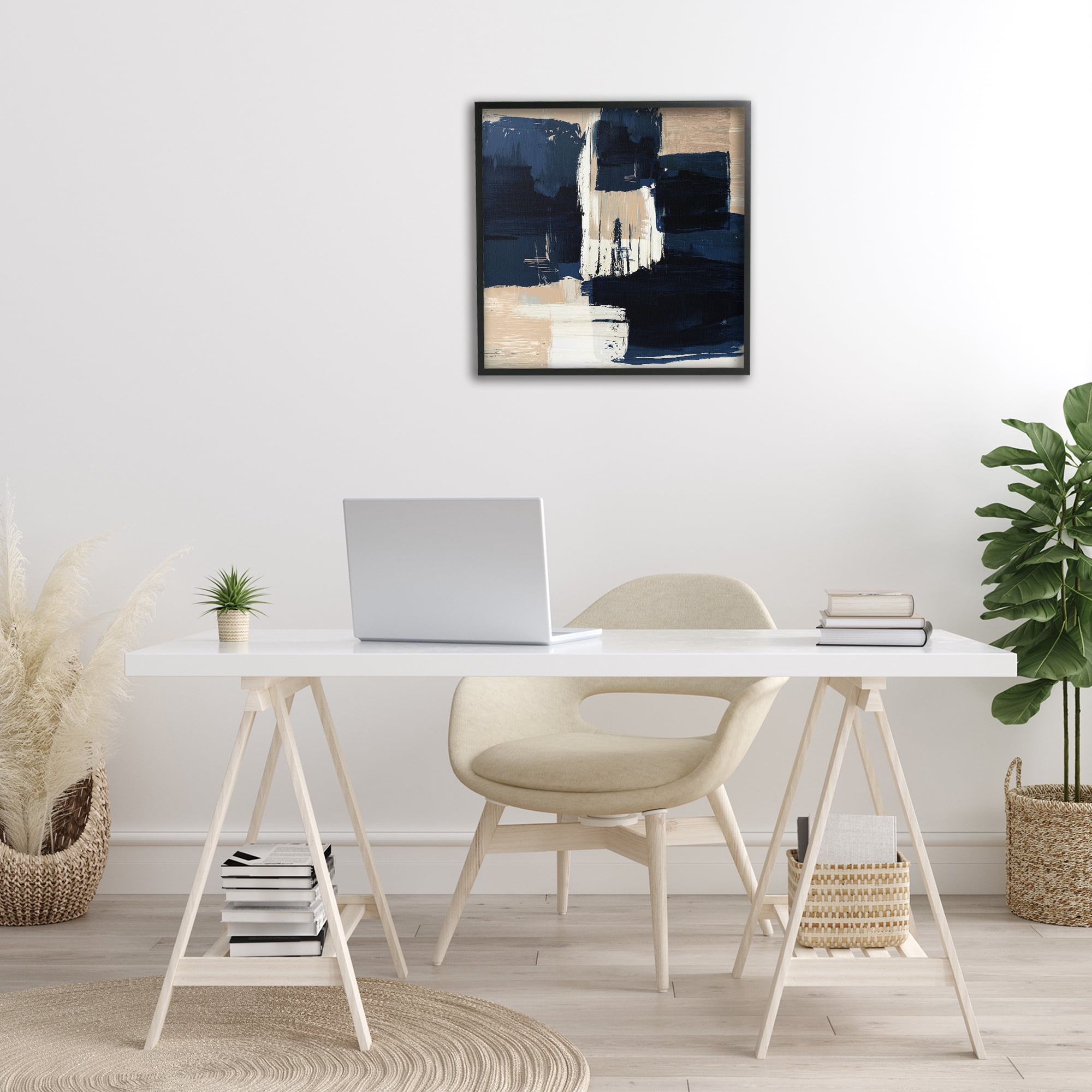 Stupell Industries Restless Blue & Tan Shapes Abstract Painting Black Framed Art Print Wall Art, 24 x 24