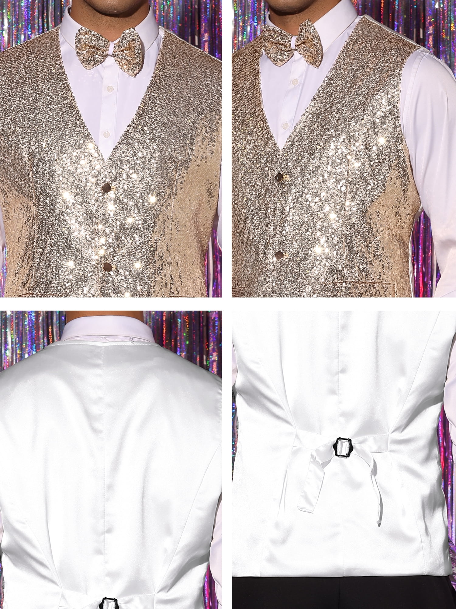 Unique Bargains Men's Sequin Waistcoat Sleeveless Dress Suit Vest with Bow Tie XL Champagne