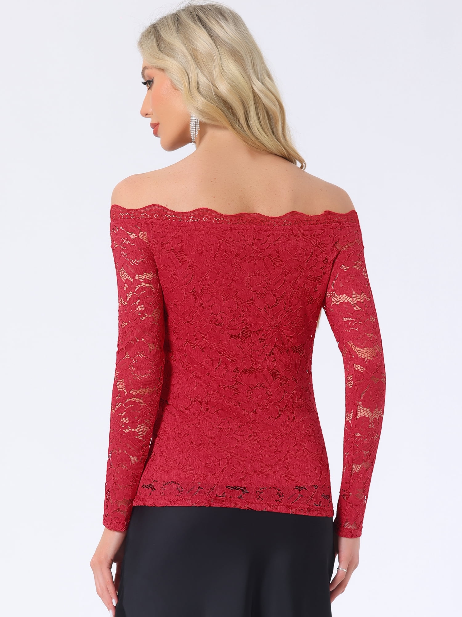 DARING DIVA Women's Sheer Long Sleeves Off Shoulder Floral Lace Tops S Red