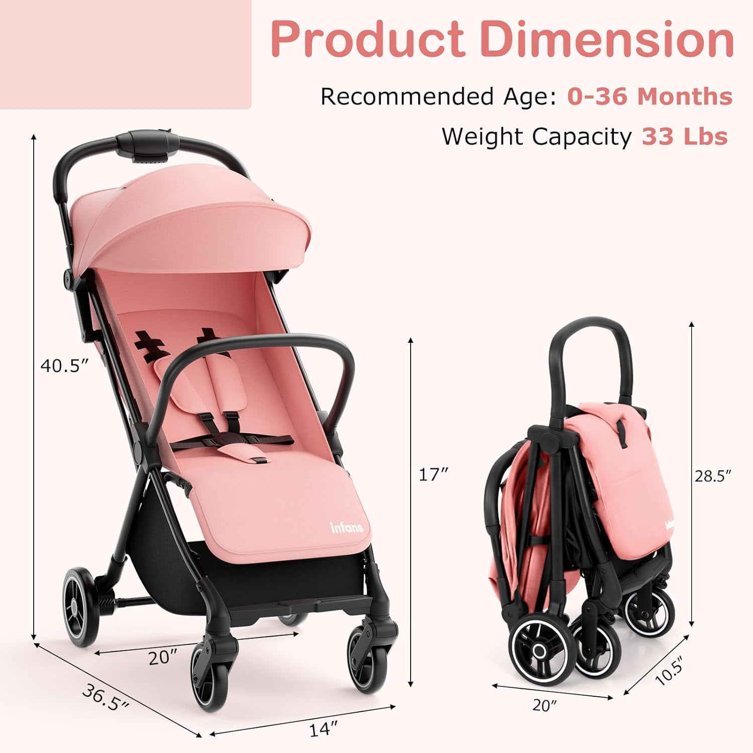 INFANS Lightweight Baby Stroller, 1 Second Fold, Compact Travel Stroller for Airplane with Aluminium Frame, Adjustable Backrest and Canopy, Foldable Infant Toddler Stroller