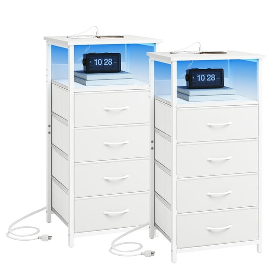 Fairy Nightstand Set of 2, 4 Drawer Night Stand with Charging Station, LED Bedside Table, Storage Side Table for Bedroom, White