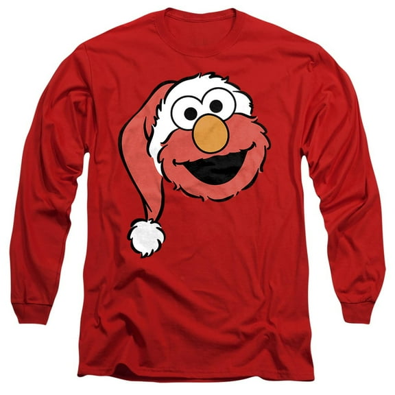 Sesame Street Christmas Santa Hat Elmo Face Unisex Adult Long-Sleeve T Shirt, Red, 3X-Large