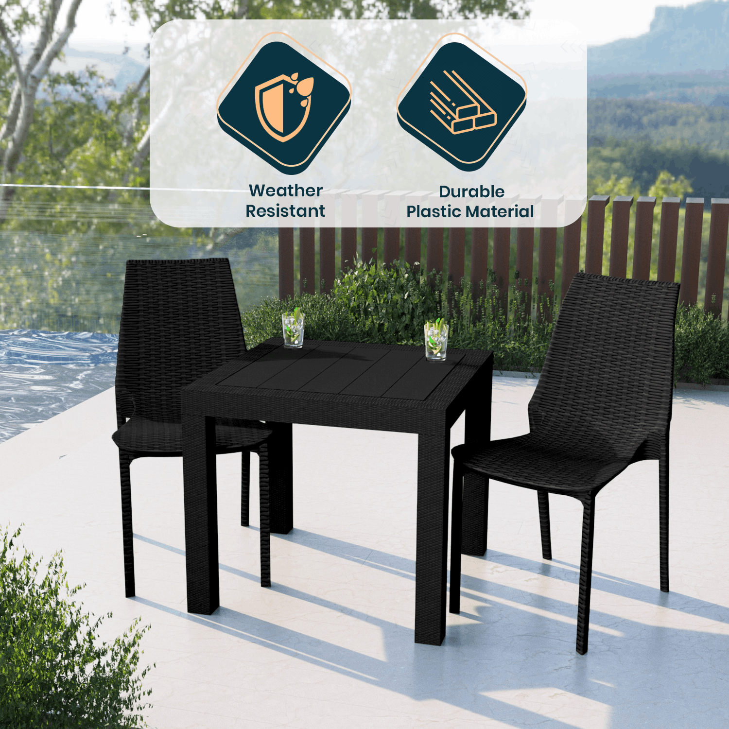 LeisureMod Kent Mid-Century Modern Weave Design 2-Piece Outdoor Patio Dining Set with Plastic Square Table and 2 Stackable Chairs for Patio, Poolside, and Backyard Garden (Black) - image 2 of 18
