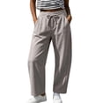 thumbnail image 3 of Cotton Linen Pants Women Wide Leg Loose Casual Cropped Elastis Waisted Pants for Women with Pockets, 3 of 8