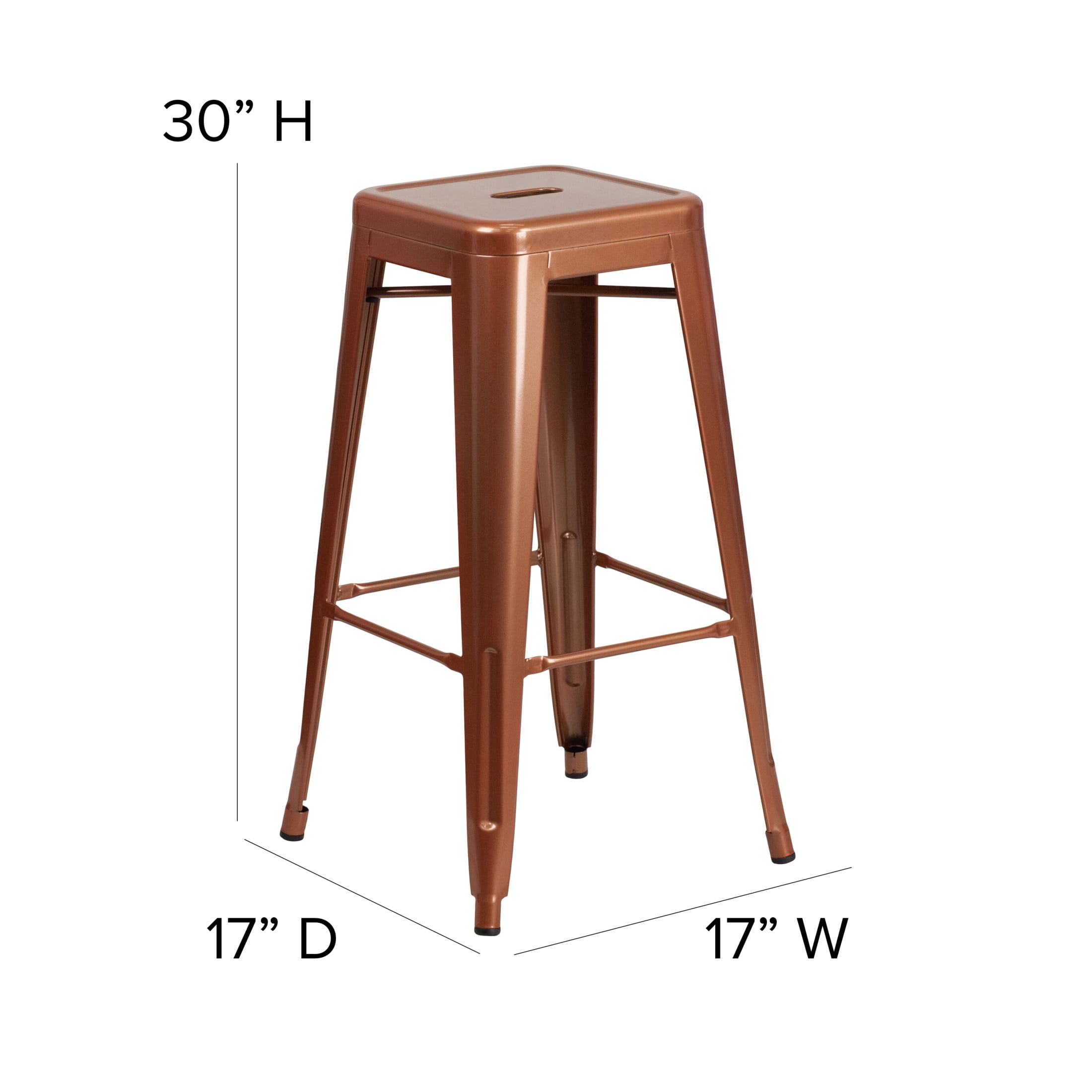 Merrick Lane Copper 30" High Backless Metal Bar Height Stool with Square Seat for Indoor-Outdoor Use