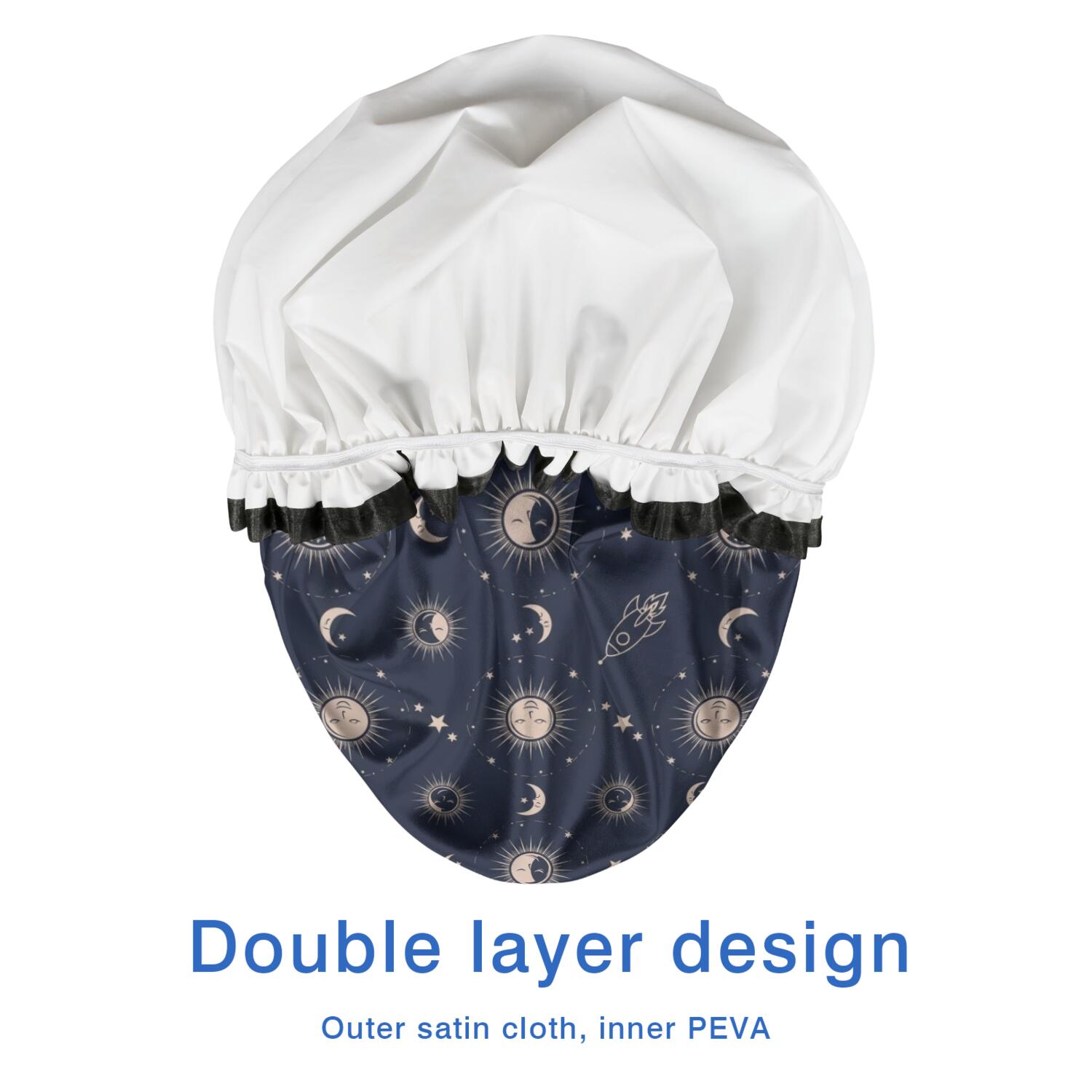 Shower Caps,Dark Blue Sun Moon Rocket Pattern Waterproof Shower Cap for Women 4 Pieces,Double Reusable Hair Cover for Shower PEVA Elastic Stretch Hem