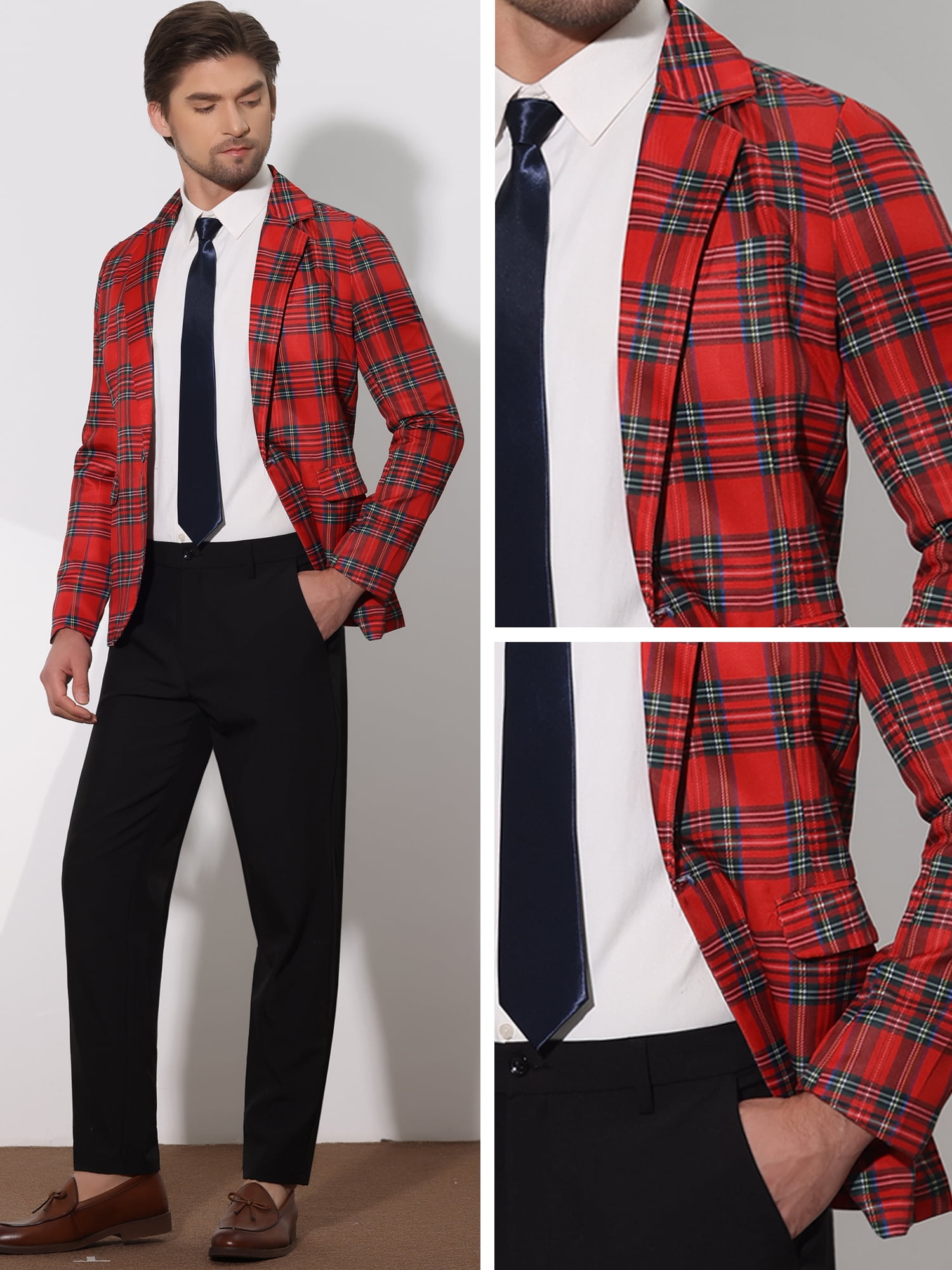 DARING DIVA Men's Plaid Blazers Notch Lapel Checked Wedding Dinner Sports Coat S Red