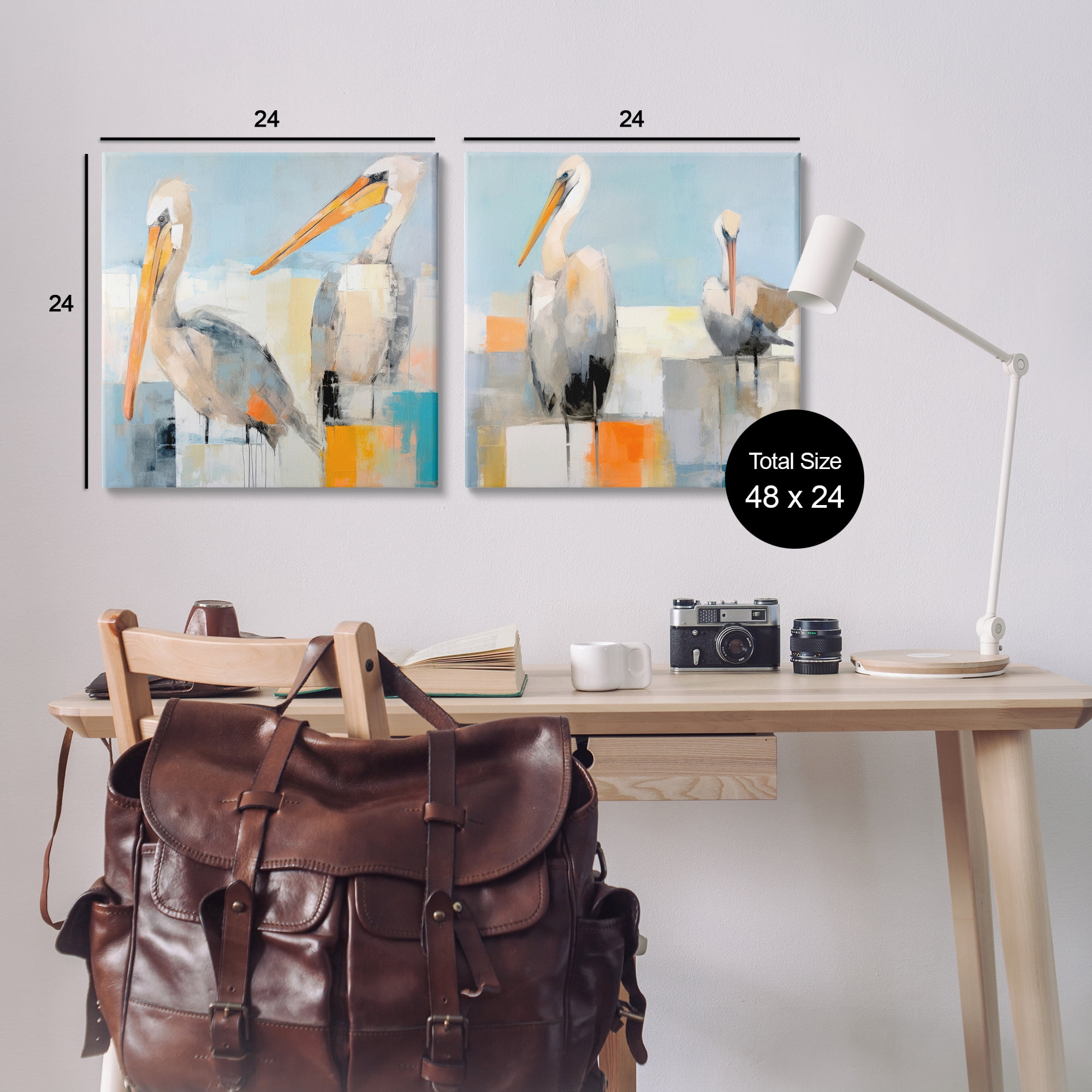 Stupell Industries Abstract Color Block Pelican Pair Animals Painting Wrapped Canvas Art Print Wall Art, 24 x 24, Set of 2
