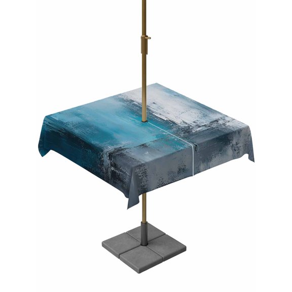 Outdoor Tablecloth with Umbrella Hole, Turquoise Grey Graffiti Zippered Table Cloth for Rectangle Tables, Abstract Art Modern Oil Painting Washable Waterproof Tablecloths for Picnic Patio Garden