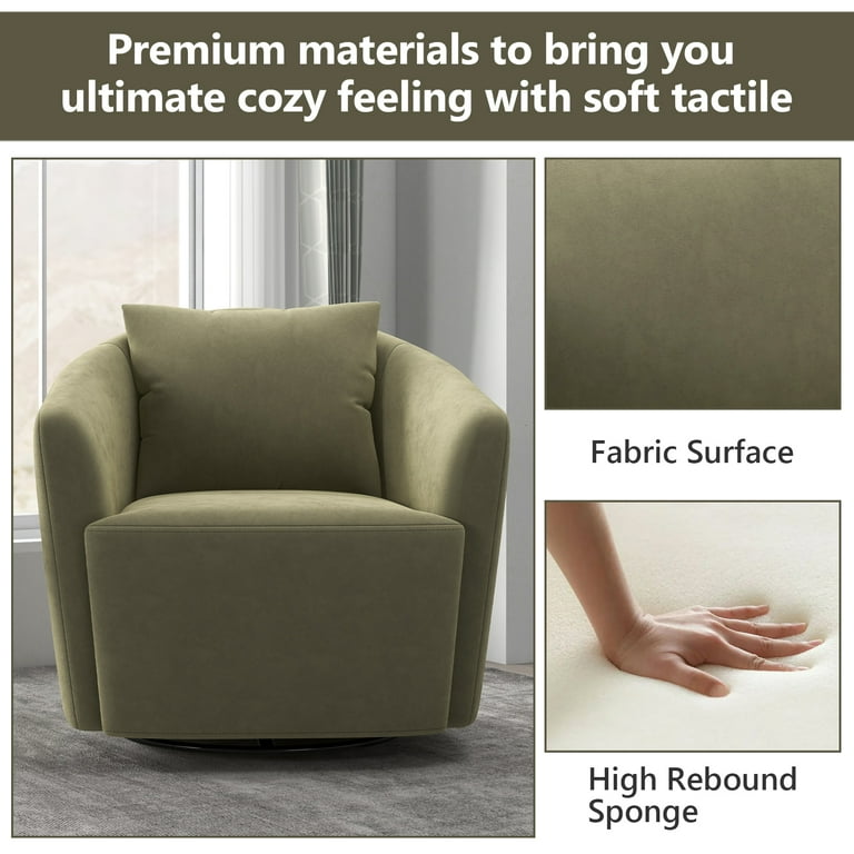 Ebello 30 Wide Adult Contemporary Mid Century Modern Velvet Solid Color Swivel Bucket Chair with Tossing Pillow Green