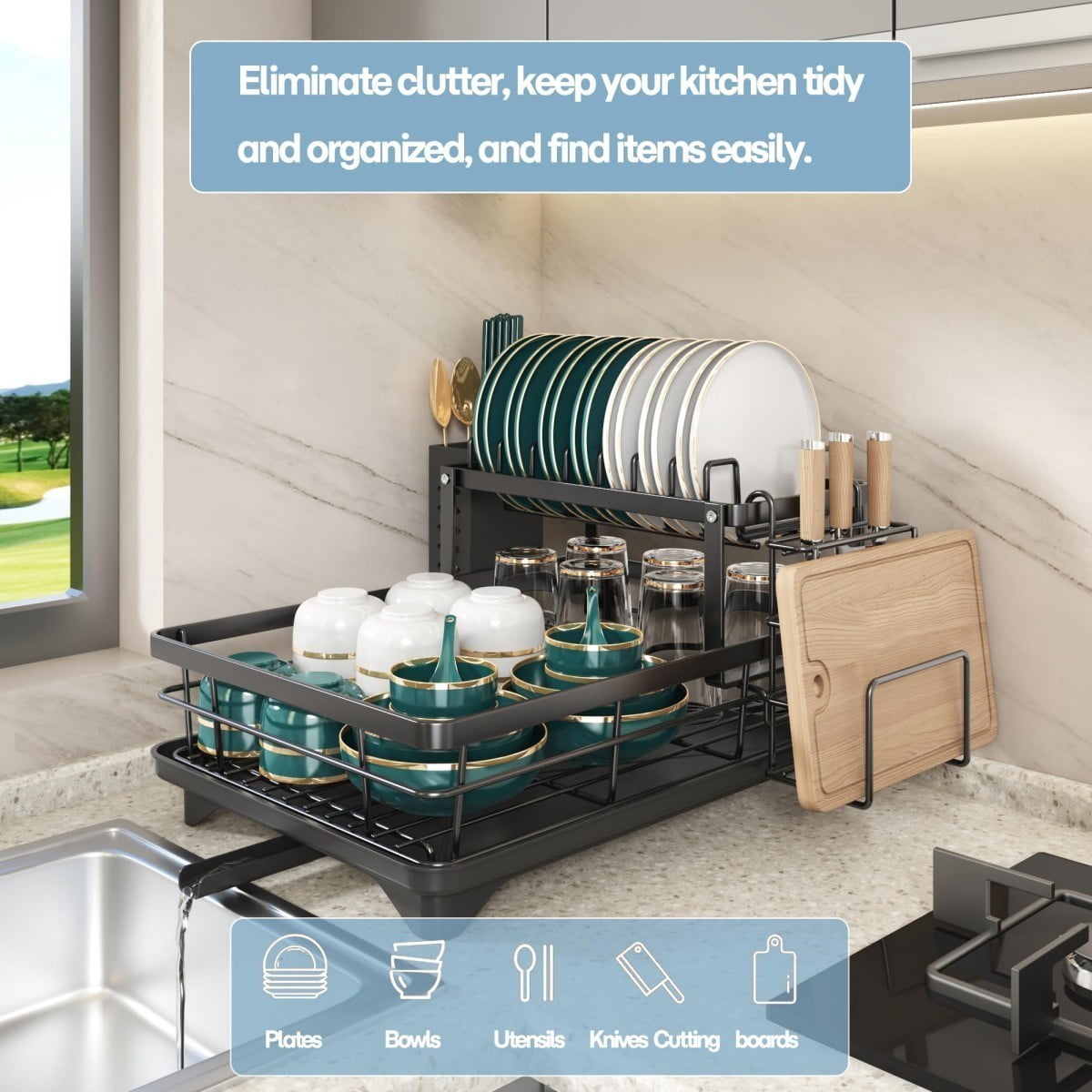 2-Tier Dish Drying Rack, Carbon Steel Dish Rack with Utensil Holder & Removable Drip Tray, Space Saving Kitchen Counter Organizer